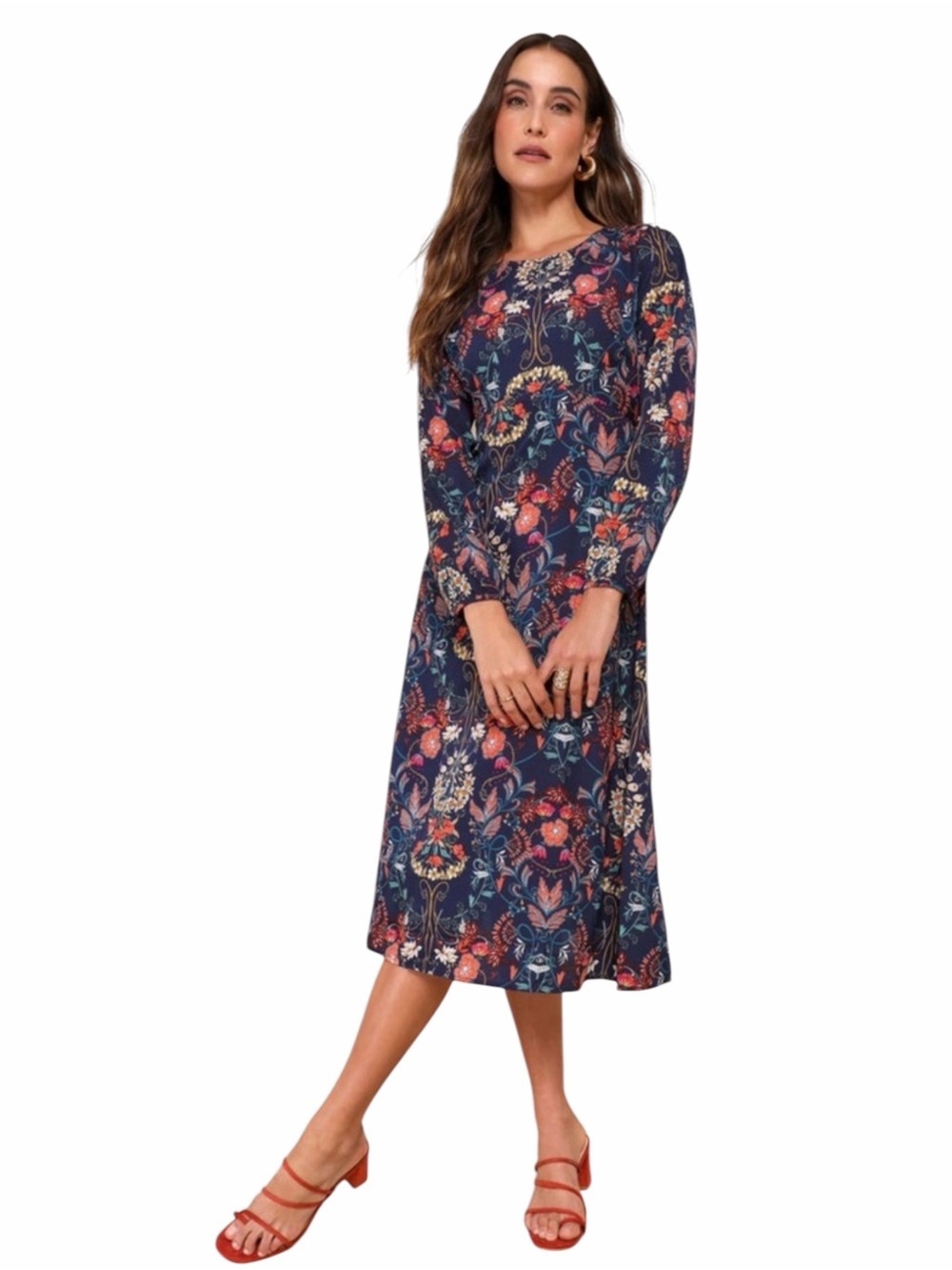 I. Madeline Navy Floral Midi Dress Boho Cottagecore Long Sleeve Size Small